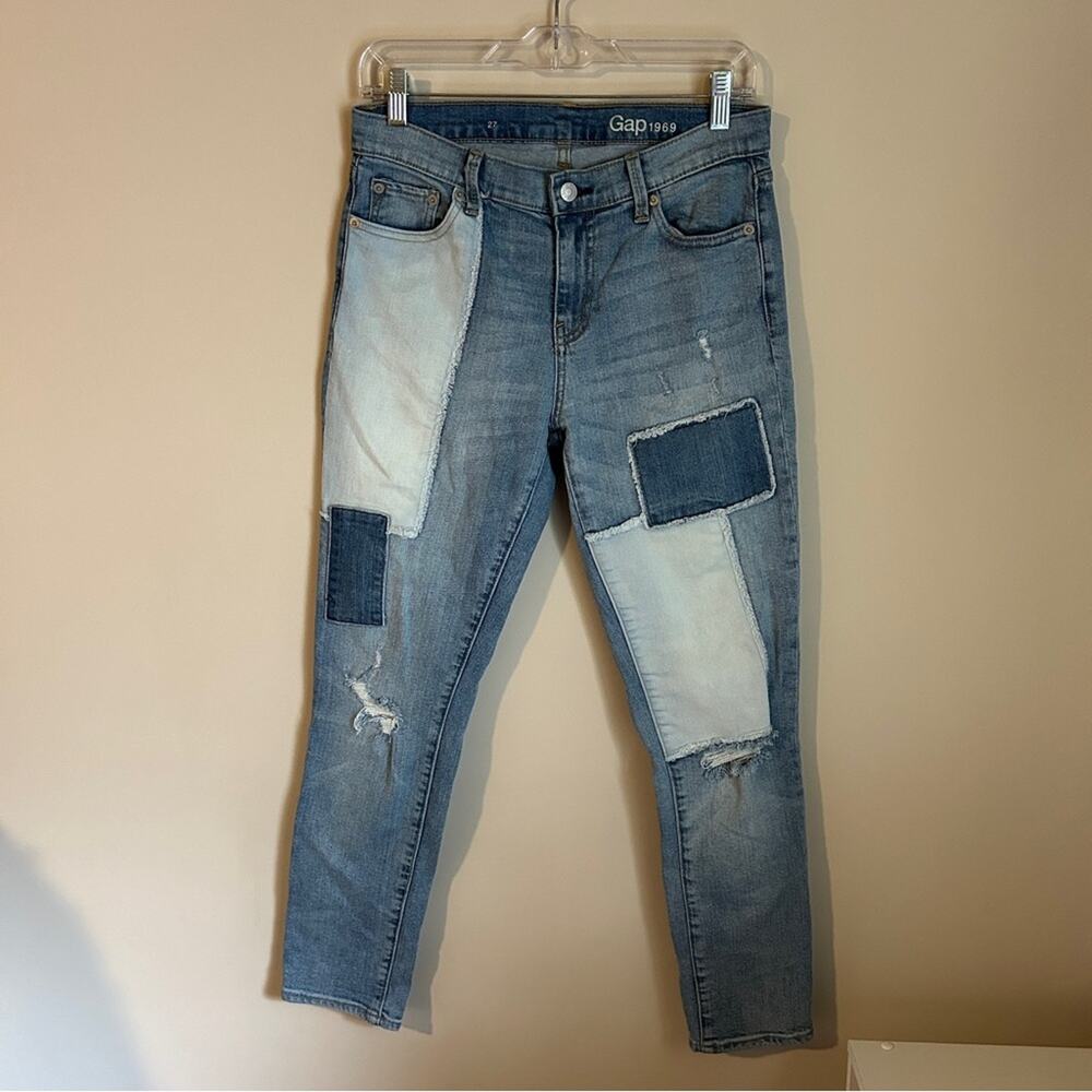 GAP Light Wash Distressed Rips Patchwork Mid-Rise… - image 2
